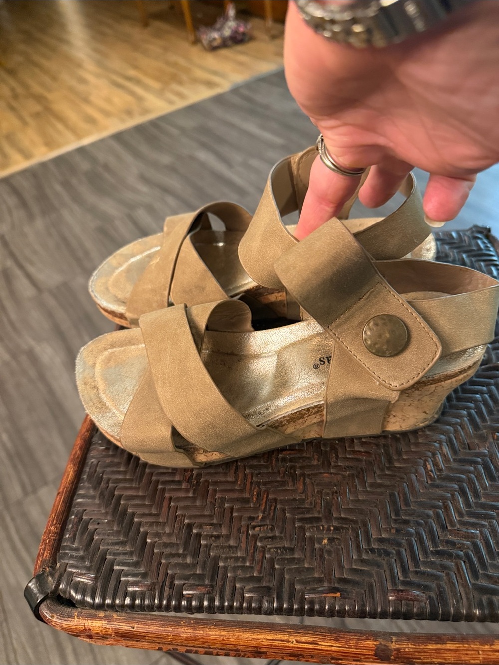 Pierre Dumas Taupe Crisscross Cork Wedge Sandals